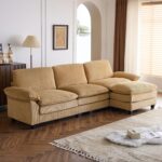 Karl home Sectional Sofa Modular Deep Seat Sofa Couch with Ottoman, Corduroy Sofa Sleeper Comfy Upholstered Furniture for Living Room, Apartment, Studio, Office, (3-Seat & 1-Ottoman, Khaki) - Image 9