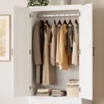 LIKIMIO Armoire Wardrobe Closet with 2 Doors and 2 Drawers 70" H x 28" W Wooden Bedroom Freestanding Wardrobe Combination for Hanging Clothes, White - Image 4