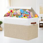 Large Toy Storage Box with Lid, Sturdy Toys Storage Chest Bin Organizer Basket with Dividers for Kids, Boys, Girls, Nursery, Closet, Bedroom, Playroom 25"x13" x16" (Beige and White) - Image 3