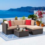 Vongrasig 5 Piece Patio Furniture Sets, Outdoor Patio Set Sectional Sofa, All-Weather PE Rattan Outdoor Couch with Ottoman, Glass Table for Garden, Backyard, Porch, Beige - Image 3