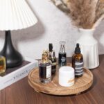 Round Decorative Tray Wood Bathroom Counter Organizer Farmhouse Kitchen Decor Wooden Riser for Soap Dish, Perfume, Candle, Sponge, 10" - Brown - Image 3