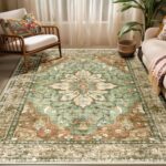Area Rugs 5'x7' Washable Non-Slip, Floral Vintage Distress Print Pattern Medallion Carpet for Living Room Bedroom Dining Room, Brick Red Rust Neutral Brown Burnt Orange Green - Image 2