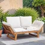 Devoko Outdoor Couch Acacia Wood Patio Couch with Adjustable Armrests, Outdoor Convertible Sofa with Removable Cushions & Pillows for Patio, Porch, Poolside(White) - Image 8