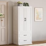 LIKIMIO Armoire Wardrobe Closet with 2 Doors and 2 Drawers 70" H x 28" W Wooden Bedroom Freestanding Wardrobe Combination for Hanging Clothes, White - Image 2