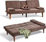 COLAMY Futon Sofa Bed-Fabric Small Couch, Lounge Convertible with 2 Cup Holders, Removable Soft Armrest, Adjustable Backrest for Dorm/Bedroom/College - Image 2