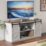 YESHOMY Farmhouse TV Stand for Televisions up to 65 Inches, Sliding Barn Doors and Storage Cabinets, Console Table and Media Furniture for Living Room, 58 Inch, Milk White - Image 2