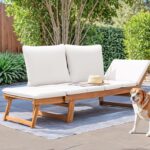 Devoko Outdoor Couch Acacia Wood Patio Couch with Adjustable Armrests, Outdoor Convertible Sofa with Removable Cushions & Pillows for Patio, Porch, Poolside(White) - Image 7