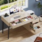 Tribesigns Vanity Desk with 5 Drawers, Makeup Table with Reversible Drawer Cabinet Printer Stand, Modern Computer Desk Dressing Table for Bedroom Office, Gloss Beige (No Mirrors) - Image 10
