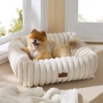 Bedsure Cute Dog Bed for Small Medium Dogs - Washable Furry Puppy Beds, Rectangle Orthopedic Corduroy Fleece Pet Beds with Removable Zipper Cover, 25x21x7inches, Cream - Image 2