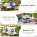 Devoko Outdoor Couch Acacia Wood Patio Couch with Adjustable Armrests, Outdoor Convertible Sofa with Removable Cushions & Pillows for Patio, Porch, Poolside(White) - Image 5