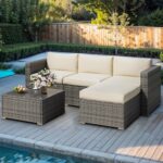 5 Pieces Outdoor Patio Furniture Set, Patio Sectional Furniture Set, All-Weather Wicker Rattan Patio Conversation Set with Washable Thick Cushions and Coffee Table, Outdoor Patio Sofa Couch Set, Beige - Image 8