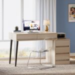 Tribesigns Vanity Desk with 5 Drawers, Makeup Table with Reversible Drawer Cabinet Printer Stand, Modern Computer Desk Dressing Table for Bedroom Office, Gloss Beige (No Mirrors) - Image 5