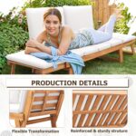 Devoko Outdoor Couch Acacia Wood Patio Couch with Adjustable Armrests, Outdoor Convertible Sofa with Removable Cushions & Pillows for Patio, Porch, Poolside(White) - Image 6