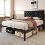 Queen Bed Frame with Headboard PU Leather Upholstered Bed Frame Platform,All Metal Slats Support Platform Bed Frame with Storage Space,Easy Assembly,Noise Free,No Box Spring Needed,Black - Image 4