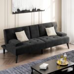 Shintenchi Futon Sofa Bed, Velvet Foldable Couch Reclining Sleeper w/Removable Armrests, Upholstered Loveseat w/Folding Cup Holders for Home, Office, Black - Image 2