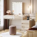 Tribesigns Vanity Desk with 5 Drawers, Makeup Table with Reversible Drawer Cabinet Printer Stand, Modern Computer Desk Dressing Table for Bedroom Office, Gloss Beige (No Mirrors) - Image 4