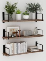 Floating Shelves - 24 Inch Wall Mounted Set of 3 Rustic Wood Shelves for Wall Decor and Living Room Storage (Brown) - Image 2