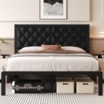Queen Bed Frame with Headboard PU Leather Upholstered Bed Frame Platform,All Metal Slats Support Platform Bed Frame with Storage Space,Easy Assembly,Noise Free,No Box Spring Needed,Black - Image 2