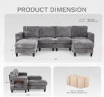 COLAMY 118" U-Shaped Sectional Couch, 4-Seat Modular Sofa with 2 Ottomans and Foldable Side Table, Grey for Living Room - Image 3