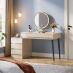 Tribesigns Vanity Desk with 5 Drawers, Makeup Table with Reversible Drawer Cabinet Printer Stand, Modern Computer Desk Dressing Table for Bedroom Office, Gloss Beige (No Mirrors) - Image 6