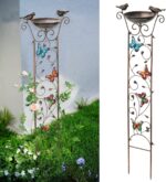 SUNNYPARK Bird Bath with Trellis Outdoor, Antique Garden Iron Trellis with Decorative Butterflies Detachable Bird Bowl Metal Potted Plants Support for Climbing Flowers - Image 2