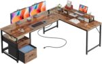 PRAISUN 63 Inch L Shaped Desk with Power Outlets and USB-C Port, Computer Corner Home Office Desk with File Fabric Drawers and Movable Monitor Stand, Larger Storage, Gaming, Writing, Rustic Brown - Image 2