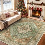 Area Rugs 5'x7' Washable Non-Slip, Floral Vintage Distress Print Pattern Medallion Carpet for Living Room Bedroom Dining Room, Brick Red Rust Neutral Brown Burnt Orange Green - Image 3