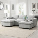 Merax 86.5" Sectional Sofa with Storage Pockets & Removable Ottomans, 5 Seat U Shaped Sleeper Cloud Couch Set, Convertible L-Shaped Chenille Upholstered SofaBed for Living Room and Apartment, Grey - Image 2
