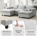 Merax 86.5" Sectional Sofa with Storage Pockets & Removable Ottomans, 5 Seat U Shaped Sleeper Cloud Couch Set, Convertible L-Shaped Chenille Upholstered SofaBed for Living Room and Apartment, Grey - Image 4