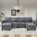 COLAMY 118" U-Shaped Sectional Couch, 4-Seat Modular Sofa with 2 Ottomans and Foldable Side Table, Grey for Living Room - Image 2