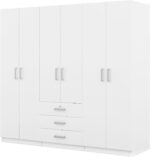 Merax Large White 6 Doors Wooden Wardrobe, Bedroom Tall Armoire Closet Organizer with Big Drawers, Hanging Rails and Shelves, Clothes Storage Cabinet for Garage & Laundry Room, White - Image 6