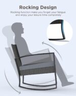 3 Pieces Outdoor Patio Furniture Set Rocking Bistro Set Outdoor Rattan Conversation with Coffee Table for Garden Balcony Backyard Poolside (Grey Cushion) - Image 6