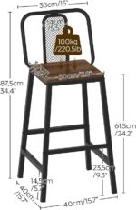 Set of 2 Bar Stools, 24.2 Inch Barstools for Kitchen Counter, High Backrest Counter Height Stools, Bar Chairs for Pub, Island, Coffee Nook, Study, Walnut and Black BY01L2BHY1 - Image 8