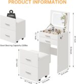 3 in 1 Vanity Desk, Compact Vanity with 3 Drawers, Makeup Desk with Flip-up 3 Colors Lighting Mirror and Cushioned Stool, Small Vanities Nightstand Perfect for Bedroom, White - Image 8