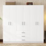 Merax Large White 6 Doors Wooden Wardrobe, Bedroom Tall Armoire Closet Organizer with Big Drawers, Hanging Rails and Shelves, Clothes Storage Cabinet for Garage & Laundry Room, White - Image 2