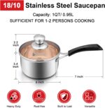 1 Quarts 18/10 Stainless Steel Saucepan, Joyfair Small Sauce Pan Milk Pot with Glass Lid for Cooking Stewing Boiling Spaghetti Soup, Extra Pan Wall & Heat-proof Bakelite Handle, Dishwasher Safe - Image 7