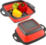 Square Collapsible Colander with Handles – Red Square Silicone Kitchen Strainers with Plastic Handles Foldable Kitchen Strainer Perfect for Draining Pasta Vegetable and Fruit Red - Image 2
