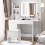 IRONCK Vanity Desk with LED Lighted Mirror & Power Outlet, Makeup Table with Drawers & Cabinet,Storage Stool, White - Image 10