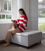 Tbfit Large Square Storage Ottoman Bench, Tufted Upholstered Coffee Table with Lift Top & Solid Wood Legs, Oversized Storage Ottomans Toy Box for Living Room (Beige) - Image 5