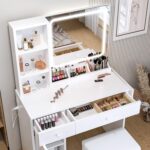 IRONCK Vanity Desk with LED Lighted Mirror & Power Outlet, Makeup Table with Drawers & Cabinet,Storage Stool, White - Image 5