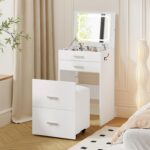 3 in 1 Vanity Desk, Compact Vanity with 3 Drawers, Makeup Desk with Flip-up 3 Colors Lighting Mirror and Cushioned Stool, Small Vanities Nightstand Perfect for Bedroom, White - Image 2