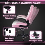 DUMOS Gaming Ergonomic Office Chair for Adults, Height Adjustable Computer Desk Chair with Flip-up Armrests, PU Leather Swivel Video Game Chair with 360° Rolling Wheels, Pink - Image 7