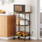Microwave Cart with Storage, 3-Tier Rolling Kitchen Stand with Wire Basket, Wood and Metal Utility Cart on Wheels, Coffee Bar Station, Small Baker’s Rack As Kitchen Island, Microwave Shelf Organizer - Image 2