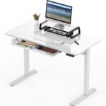 SHW 48x24 Glass Electric Height Adjustable Standing Desk – Motorized Sit Stand Desk with Monitor Riser, Pull-Out Drawer, Memory Presets, White - Image 2