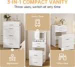 3 in 1 Vanity Desk, Compact Vanity with 3 Drawers, Makeup Desk with Flip-up 3 Colors Lighting Mirror and Cushioned Stool, Small Vanities Nightstand Perfect for Bedroom, White - Image 4
