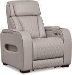 Signature Design by Ashley Boyington Contemporary Leather Match Power Recliner with Adjustable Headrest, Cup Holders, USB Port and Air Massage System, Light Gray - Image 2