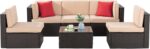 Shintenchi 6 Pieces Patio Furniture Sets Outdoor All-Weather Sectional Patio Sofa Set PE Rattan Manual Weaving Wicker Patio Conversation Set with Glass Table&Ottoman Cushion and Red Pillows, Beige - Image 8
