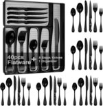 49-Piece Black Silverware Set with Organizer, Stainless Steel Flatware Set for 8 with Drawer Tray, Cutlery Steak Knives Fork Spoon for Home Restaurant, Mirror Finish, Dishwasher Safe - Image 2