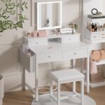 White Makeup Vanity Desk with Mirror and Lights, Vanity Set with Chair, Make Up Dresser Table with Drawers and Power Outlet for Girls Bedroom Small Space - Image 3
