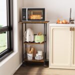 Microwave Cart with Storage, 3-Tier Rolling Kitchen Stand with Wire Basket, Wood and Metal Utility Cart on Wheels, Coffee Bar Station, Small Baker’s Rack As Kitchen Island, Microwave Shelf Organizer - Image 5